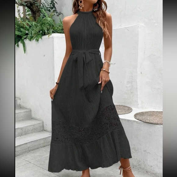 Black Contrast Guipure Sheer Mesh Lace Layered Hem Belted Halter Dress - Picture 5 of 10